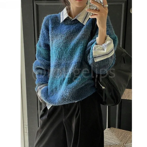 Blue Ombre Oversized Pullover Knit Sweater Round Neck Long SLeeve - Picture 9 of 16